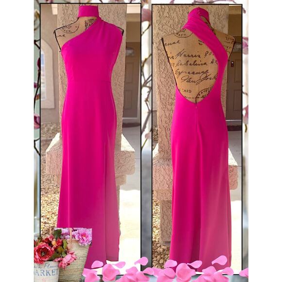 Lulus Hot Pink Asymmetrical Cutout Halter Keep It Interesting Maxi Dress Size M - Picture 4 of 12